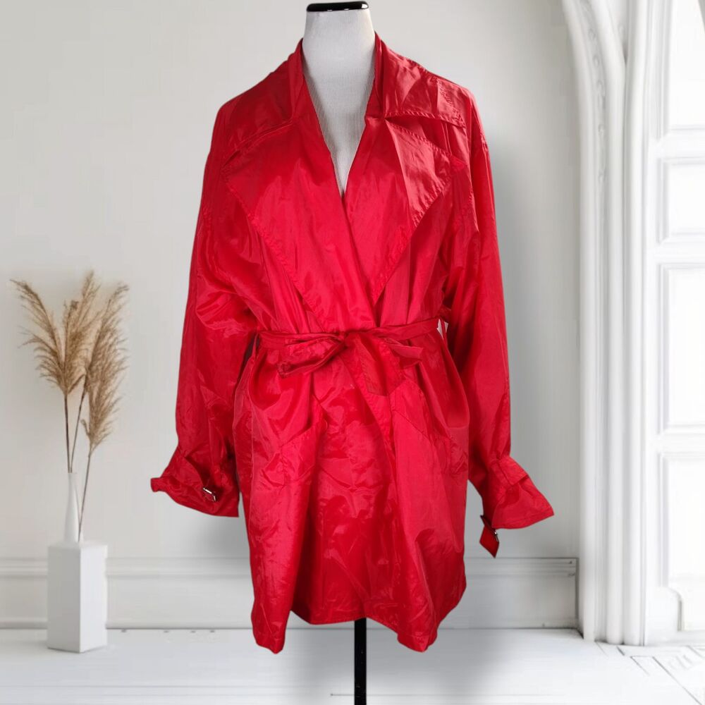 Vintage 90s Oversized Nylon Trench Coat Size L Double Breasted Jacket